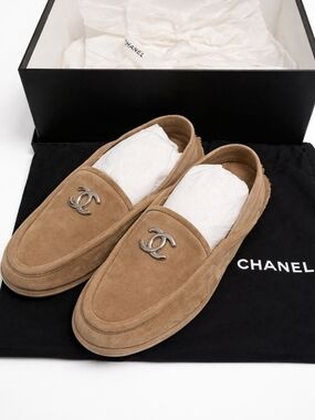 NEW Chanel 24K Suede Calfskin & Shearling CC Loafers, Dark Beige (Size 38)